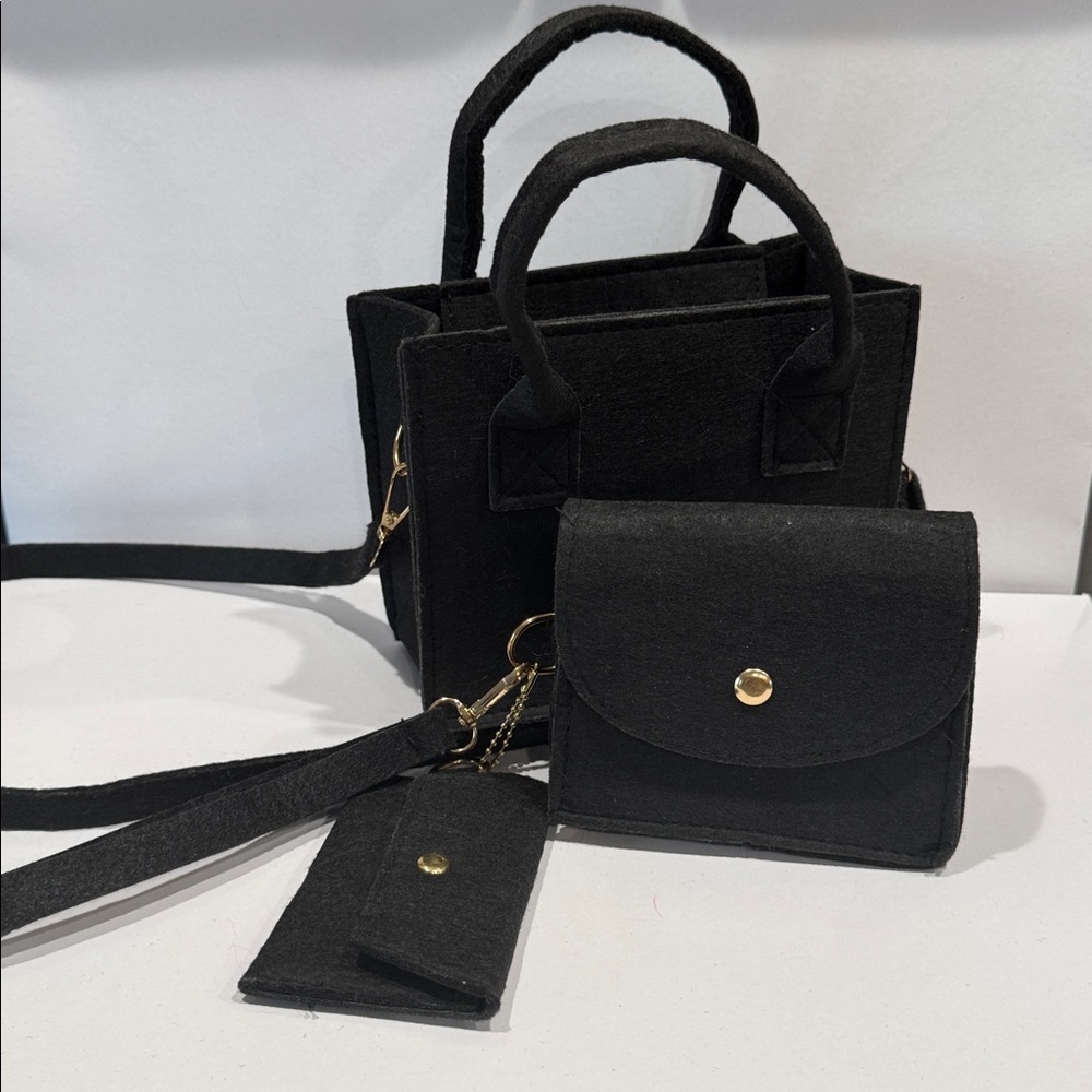 Black Women's Mini Tote Bag Set with Coin Purse and Card Holder (Felt)